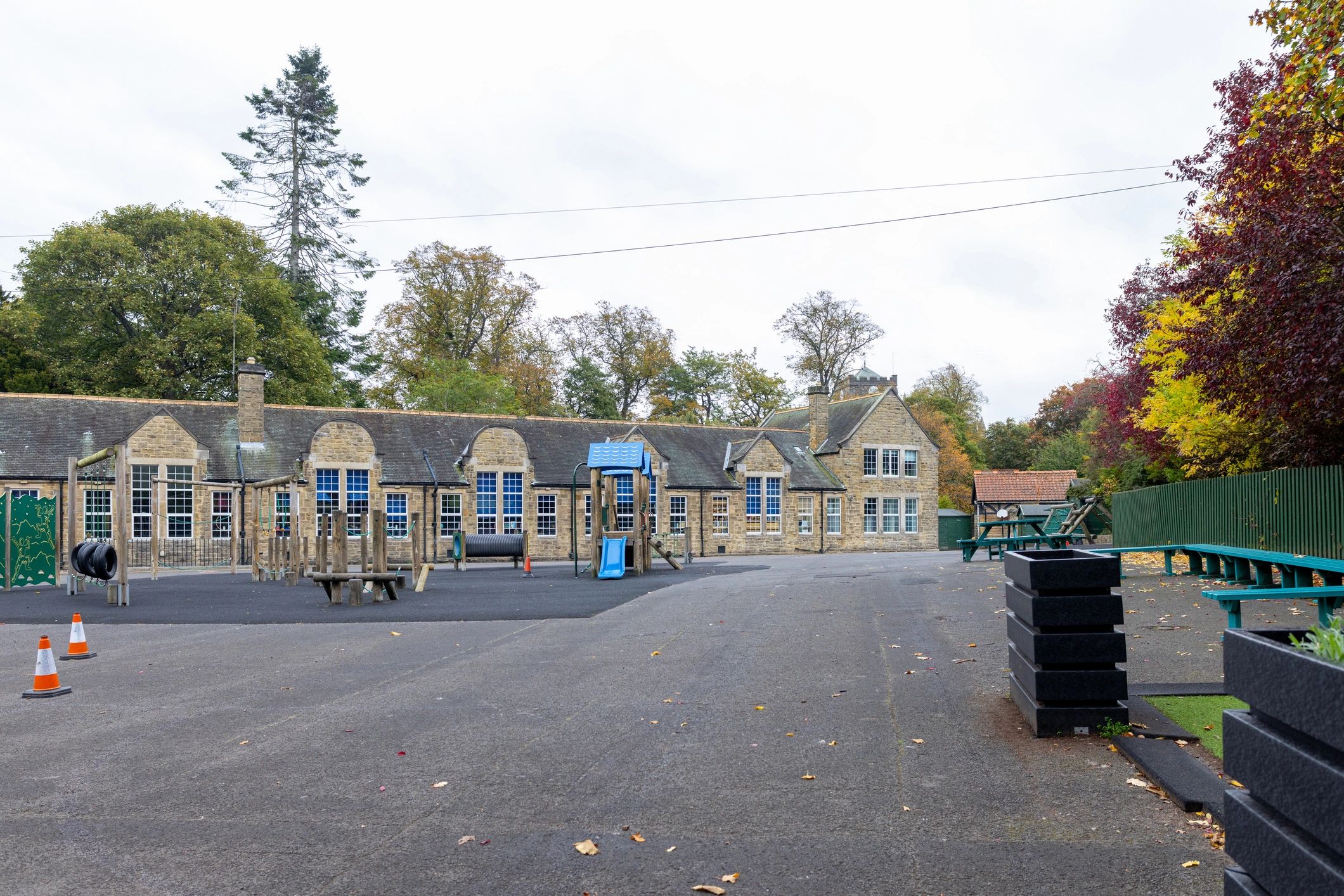 Outdoor community space near a public building, representing local facilities
